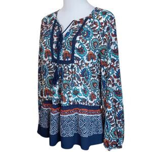DANIEL RAINN Boho Peasant Top Blouse Flowy Small Colorful Travel Career V-Neck